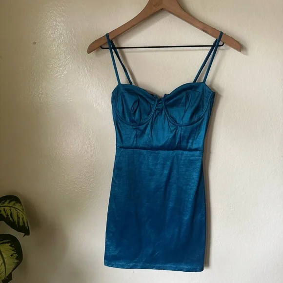 Lulus | Brilliant Flirt Teal Blue Taffeta Bustier Mini Bodycon Dress - Picture 2 of 7
